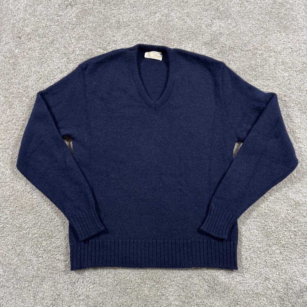 Vintage Royal Viking Mens V-Neck Sweater Navy Blue Knit Pullover USA Size M